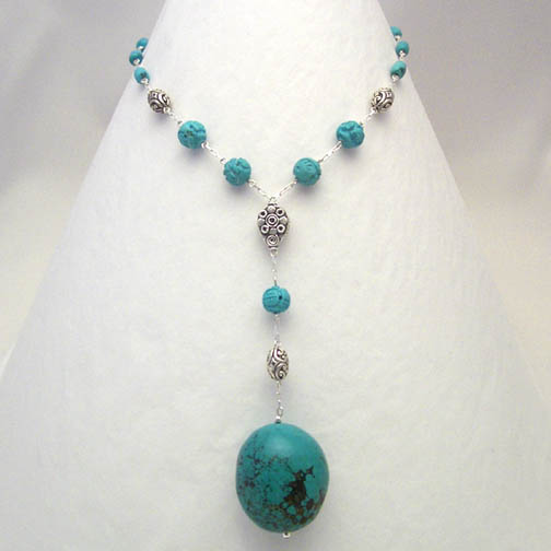 Turquoise Nugget Drop Necklace with Bali Beads